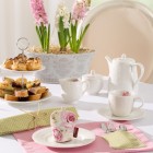 Różowa aranżacja stołu, dzbanek Sweet Rose, komplet ocieplaczy i podkładki na stół – tkanina: Ashley